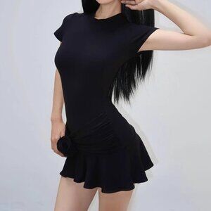 Crew-neck high-waisted elastic slim-fit floral pleated skirt skirt